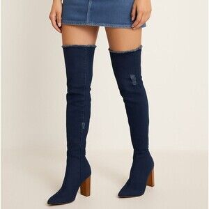 Denim Over The Knee Boots 9 Pointed Toe Distressed Tall Heels Y2K Wood Block Hee